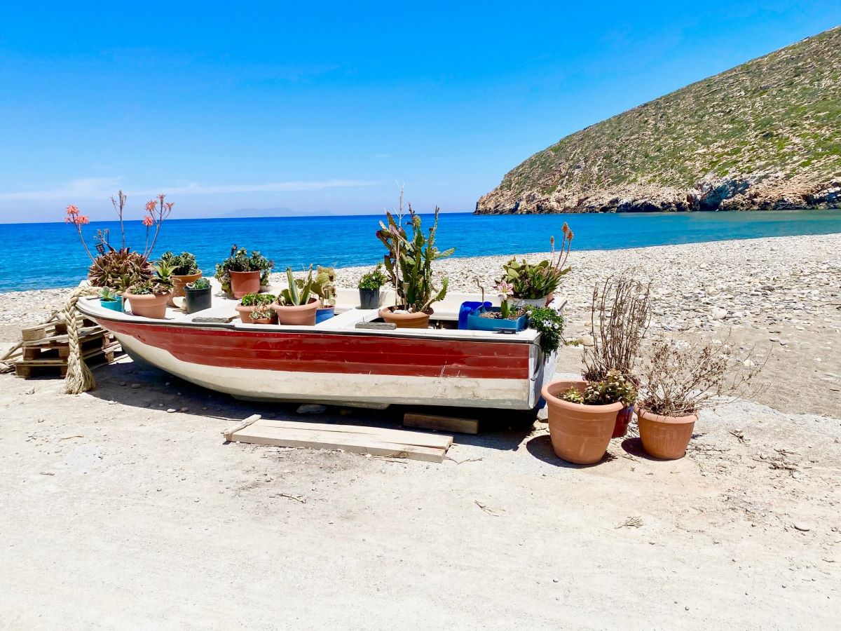 Old fishing boat with plant on and around it and the sea in the background | Why i moved to Greece from the UK | bucketlistmylife.com
